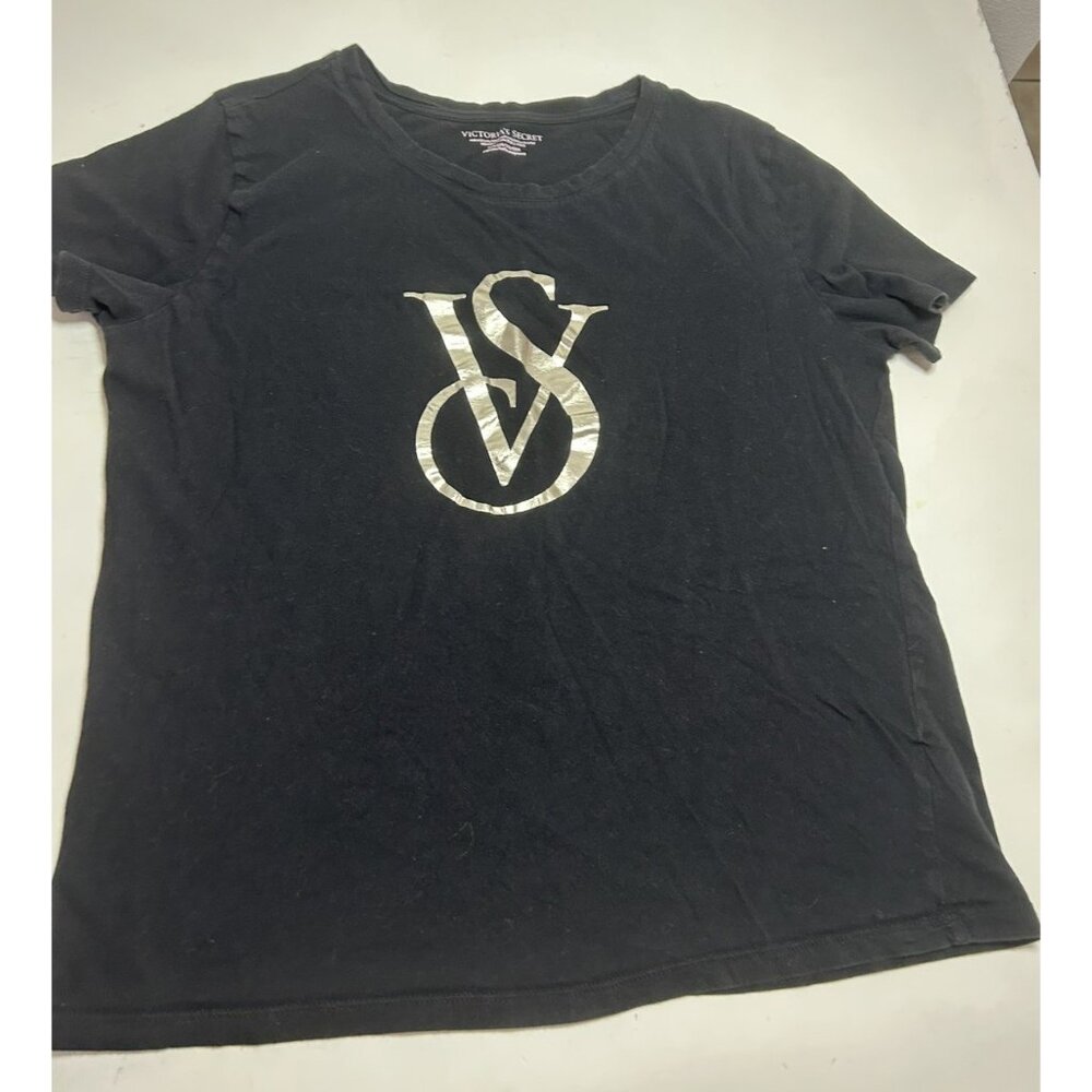 Victoria’s Secret black metallic VS logo Short Sleeved Top size S ,100% cotton